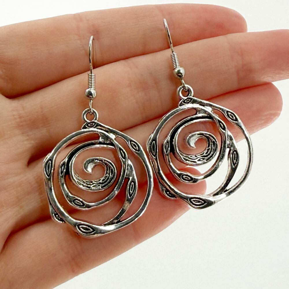 Silver Tone Spiral Dangle Earrings | Abstract Swirl Boho Statement Jewelry